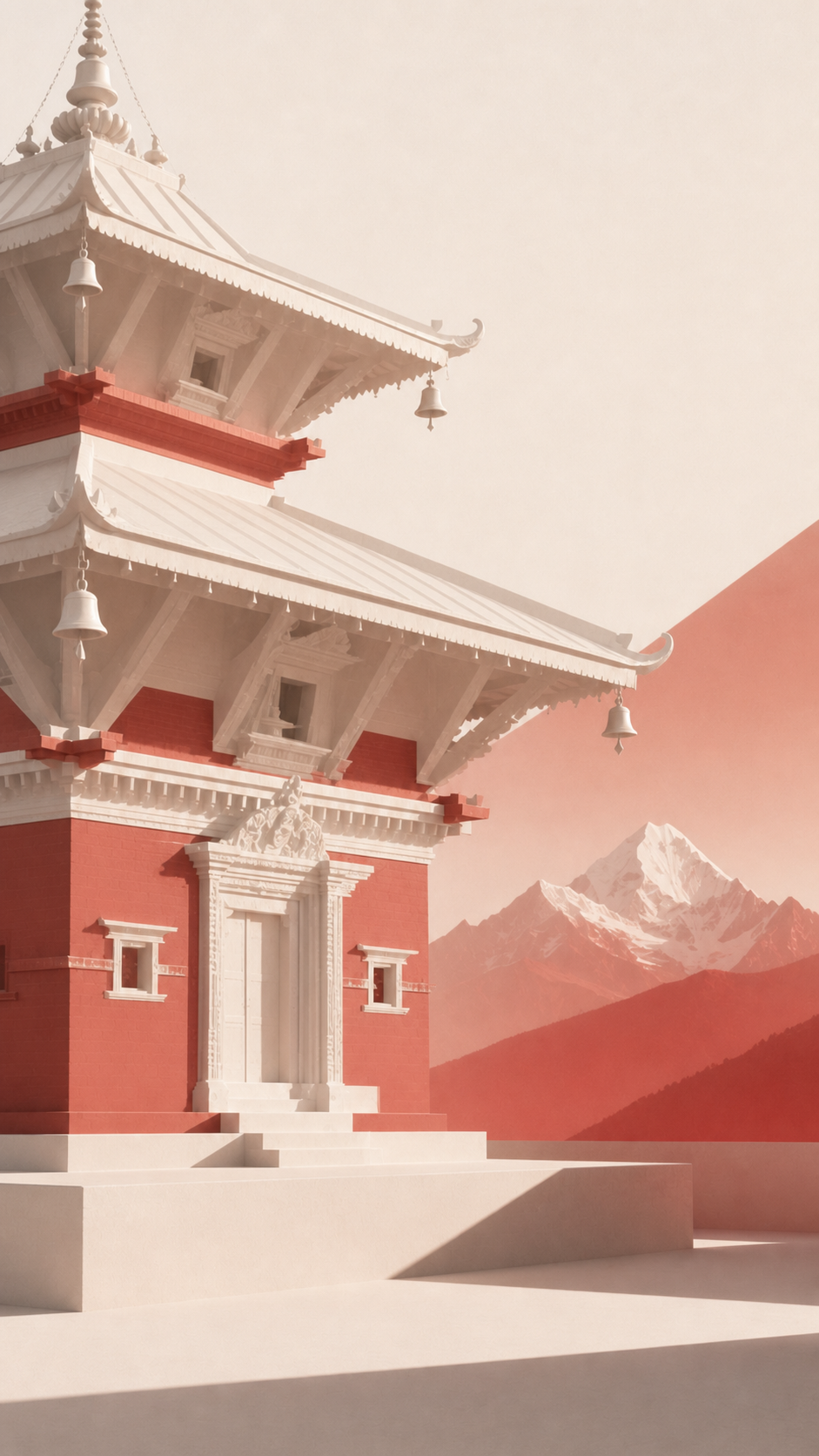 東方極簡風格寺院與雪山
